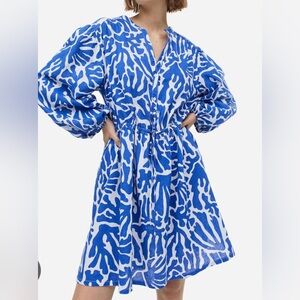 Linen blend coastal drawstring waist mini dress exaggerated sleeve blue white XL